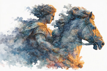 Watercolor Illustration of Alexander the Great Riding a Horse. Abstract Mythic Composition of a Classical Warrior Statue with Flowing Cape