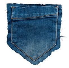 Piece of torn denim on a white background. Denim texture. Pocket