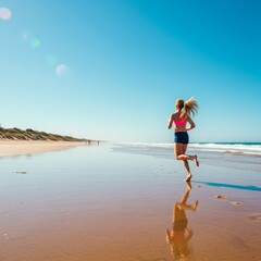 Woman Runs on Sunny Beach, Pink Top, Blue Shorts
