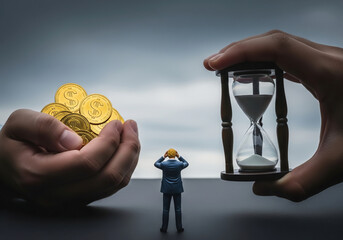 Businessman figure must choose between time and money