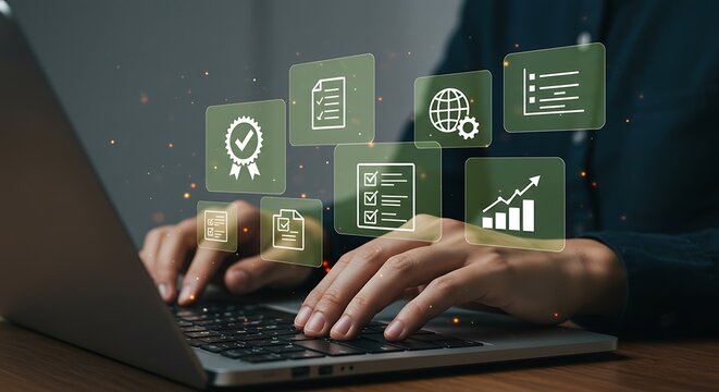 A persons hands are typing on a laptop, and a digital interface with various checklist and planning icons appears above the keyboard - Powered by Adobe