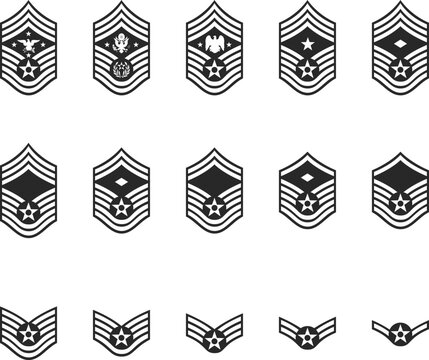 Set of military ranks of the Air Force from private to senior sergeant, icons of Air Force ranks in the form of black silhouettes.