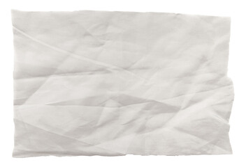 A piece of white satin fabric on a white background. Isolate a crumpled piece of fabric