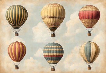 Vintage hot air balloons in a sky background with clouds.