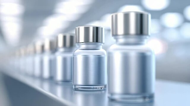 Vials of Medical Breakthrough: a pharmaceutical showcase of transparent vaccine vials, arranged in precise rows, offering a visual representation of medical innovation.