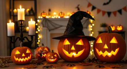Halloween pumpkin with crow and bats on a white background