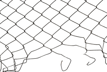 The texture of the metal mesh on a white background. Torn steel, metal mesh with holes