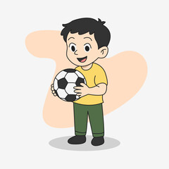 Cute boy holding a soccer ball flat cartoon style illustration