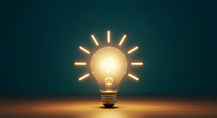 Bright glowing light bulb with radiating lines on a dark background, symbolizing a new idea or creative inspiration in a simple setting.