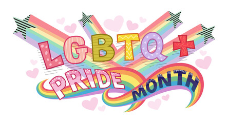 Word Lgbtq Pride Month With Mini Hearts Abstract Background, Colorful Poster. Celebrates LGBT pride month. Illustration, Poster, Vector , Background or wallpaper.   
