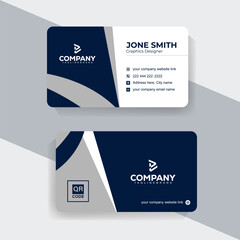 Creative Horizontal Business Card Template with Icon and QR Code. Professional navy blue and white business card template with clean modern design.