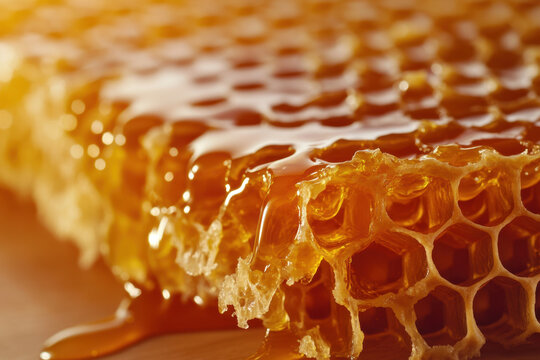 Close up view of golden natural honeycomb filled with rich sweet honey slowly dripping from its vibrant hexagonal cells under soft warm natural light.
