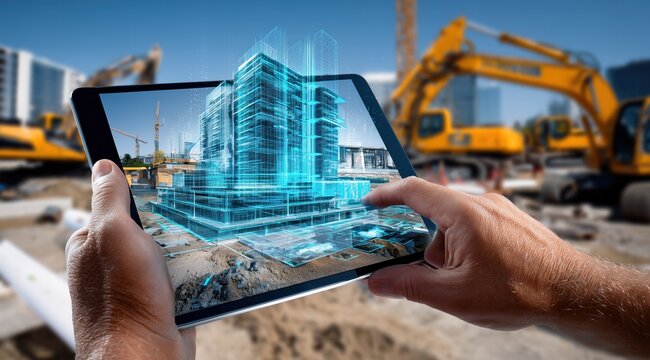 Un architecte travaillant sur un chantier high-tech avec une maquette holographique sur tablette numérique, entourés d'engins, de machines et de grues, concept d'environnement de travail moderne.