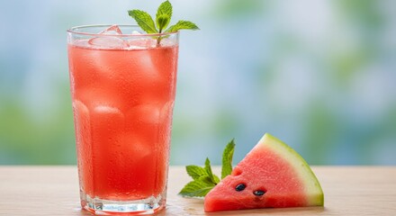 Refreshing Watermelon Drink with Ice and Mint