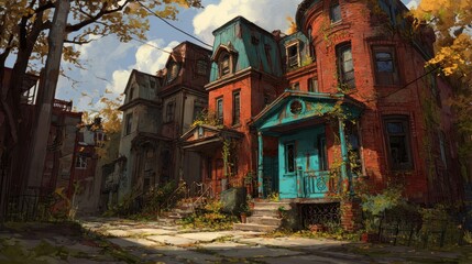 Abandoned townhouses street scene
