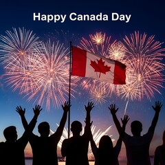 Spectacular Canada Day Celebration People Silhouetted Against Fireworks and the Canadian Flag Waving Proudly in the Night Sky