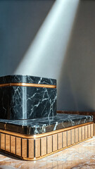 Black marble display with gold accents podium trim