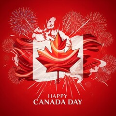 Vibrant Canada Day Celebration A Maple Leaf Flag Bursting with Fireworks and Festive Cheer on a Red Background