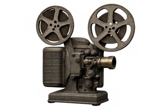 Vintage film projector with analog movie reels, symbolizing cinematic heritage against transparent background