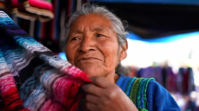 Smiling senior woman examining colorful textiles at a vibrant outdoor market - Powered by Adobe