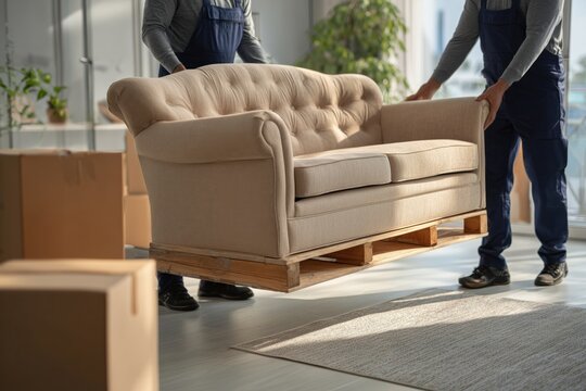 A beige sofa is being carried by two male professional moving service workers