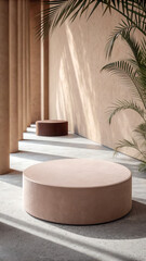 Clay podiums soft light palm shadows matte circular