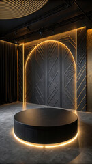 Circular stage illuminated by warm light black matte