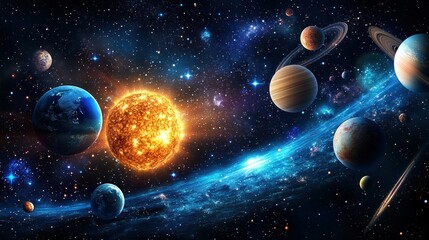Colorful solar system, planets orbiting a fiery sun