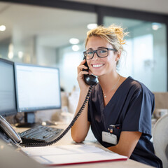 Seamless Medical Communications: A Cheerful Receptionist Manages Inquiries and Appointments, Ensuring Excellent Patient Service.