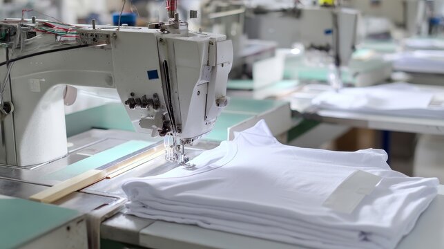 Describe the step-by-step process of sewing a t-shirt from fabric cutting to final packaging on the assembly line. 