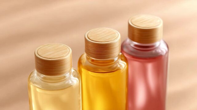 Trio of Elixirs: Three elegantly designed bottles, each containing a different-hued elixir, are arranged in a perfect row against a neutral background, offering a visual feast for the senses.