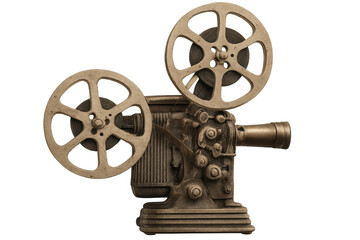 Obraz premium Vintage film projector displaying spinning reels, symbolizing nostalgic cinematic era against transparent backdrop