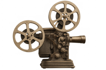 Vintage film projector displaying spinning reels, symbolizing nostalgic cinematic era against transparent backdrop
