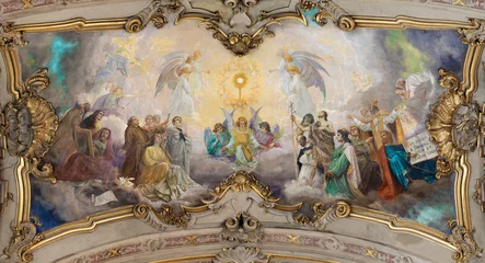 Selbstklebende Fototapeten Alessandria - The neo baroque fresco of Adoration of Eucharist among the angels and saints in the church Chiesa di San Alessandro by Rodolfo Gambini (1903). © Renáta Sedmáková