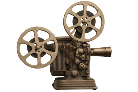 Vintage film projector displaying spinning reels, symbolizing nostalgic cinematic era against transparent backdrop