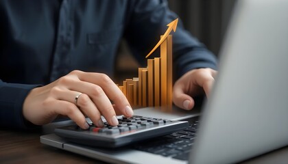 Ai generated image of person using calculator with a rising gold bar graph