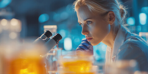 Focused Inquiry A Dedicated Female Scientist Utilizes a Microscope in a Lab, Driving Breakthroughs in Medical and Biological Research.