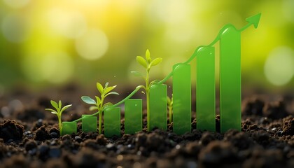 Ai generated image of green plant growth chart in soil with rising arrow