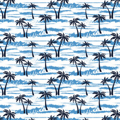 Stylized palm trees in a pattern.Vector seamless pattern with stylized palm trees and sea on a white background.