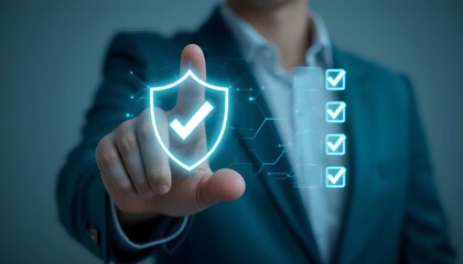 Ai generated image of person pointing at a glowing shield and checkmarks