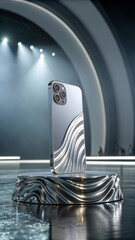 Futuristic chrome phone on wavy podium mobile wallpaper