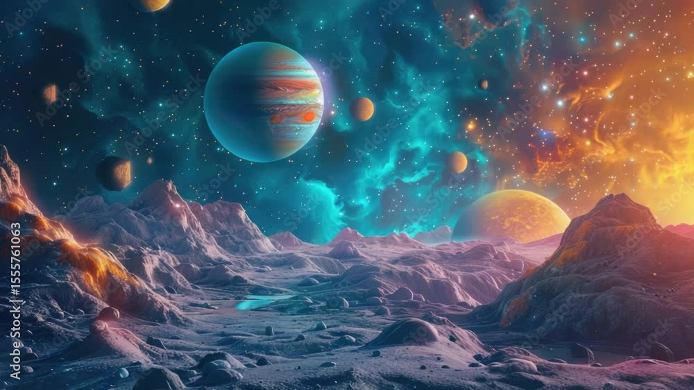 Aufkleber A view of a distant planet from the surface of a mountain, ideal for space or futuristic concepts