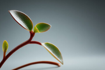 closeup of single blooming plant emphasizing its curved stems and leaves isolated on clean gray background