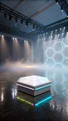 Futuristic hexagonal stage platform with glowing neon accents podium
