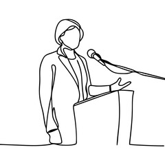 Person giving presentation at podium, single continuous line drawing. Speaker confidently delivering speech, microphone and lectern shown. Elegant line art style ideal for business presentations.