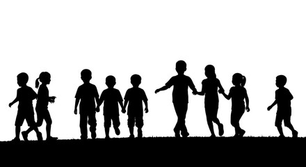 Silhouetted Children Holding Hands and Playing on the Grass