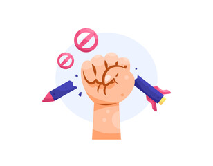 illustration of a missile being held until it breaks. rocket being punched until it breaks. anti-war or stop war concept. rejection and protest. weapons of war. flat style design. white background