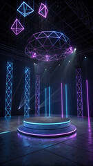 Futuristic stage with geometric neon lighting and podium purple blue