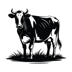 A black and white cow with horns standing in green grass, rendered in a graphic, somewhat abstract style.