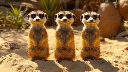 Fototapeta premium Adorable Meerkat Trio Standing Alert on Sandy Terrain with Sunny African Day.